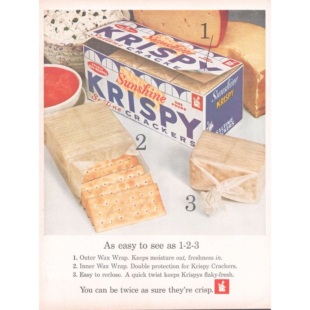 1961 Sunshine Krispy Saltine Crackers Vintage Print Ad Cheese Tomato Soup Photo